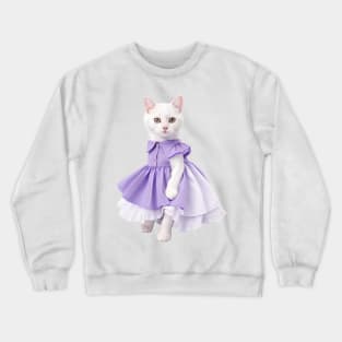 White cat wearing purple dress Crewneck Sweatshirt